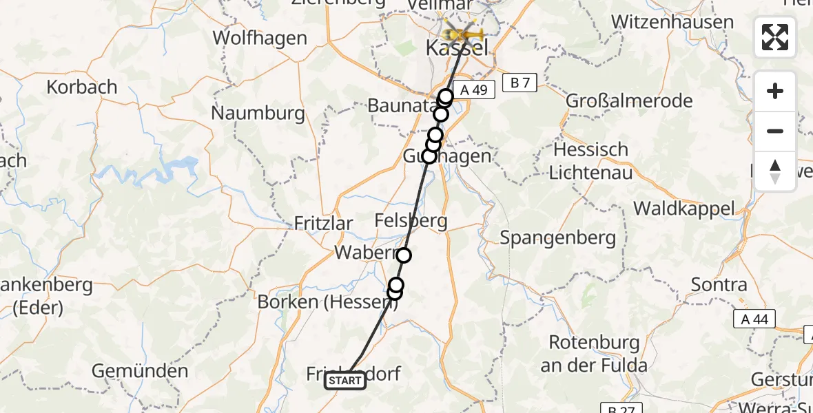 Flugroute Rettungshubschrauber Frielendorf - Kassel, 07 Mai 2026, 12:53