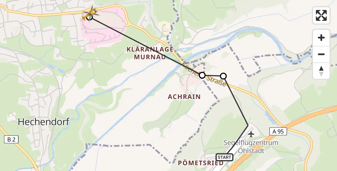 Flugroute Rettungshubschrauber Ohlstadt Flugplatz - Murnau Accident Hospital, 07 Mai 2026, 13:04