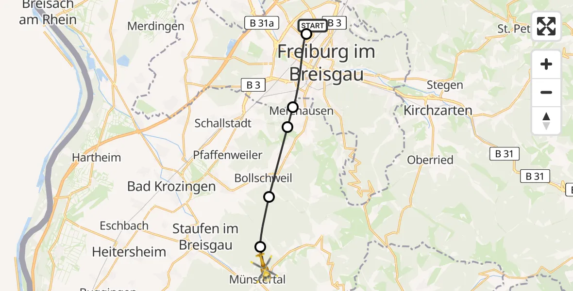 Flugroute Rettungshubschrauber Freiburg im Breisgau Flugplatz - Münstertal/Schwarzwald, 07 Mai 2026, 13:08