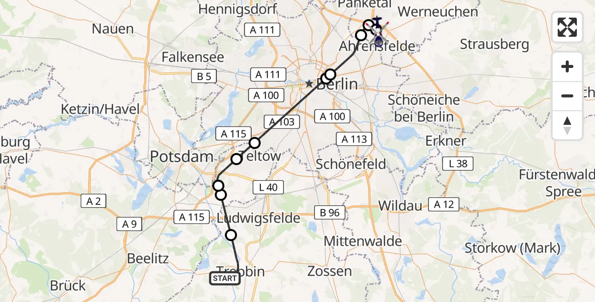Flugroute Polizeihubschrauber Trebbin - Ahrensfelde Hubschrauberlandeplatz, 07 Mai 2026, 13:08
