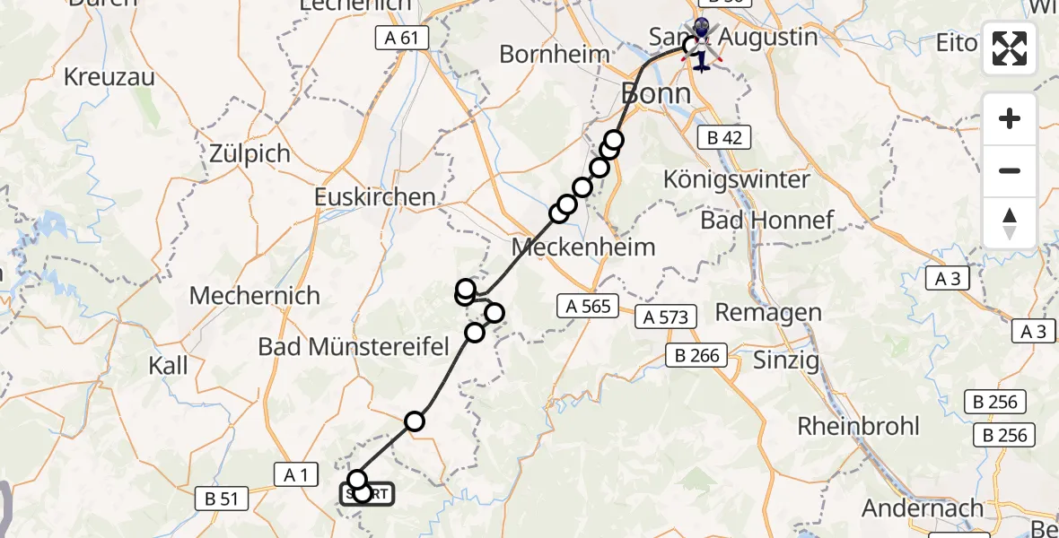 Flugroute Polizeihubschrauber Wershofen/Eifel Flugplatz - Sankt Augustin, 07 Mai 2026, 13:09