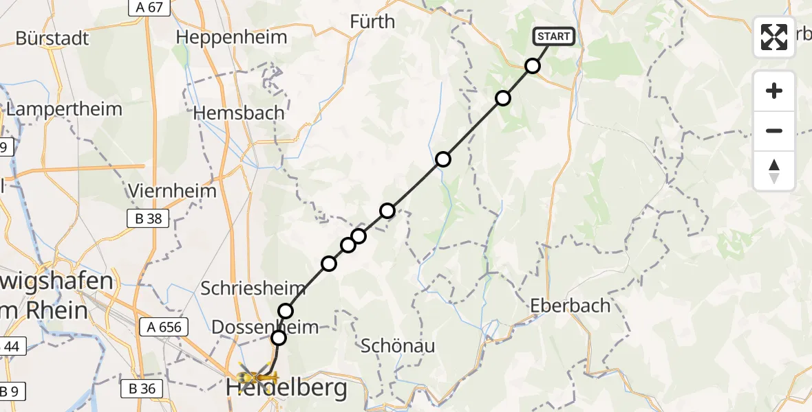 Flugroute Rettungshubschrauber Erbach - Heidelberg, 07 Mai 2026, 13:10