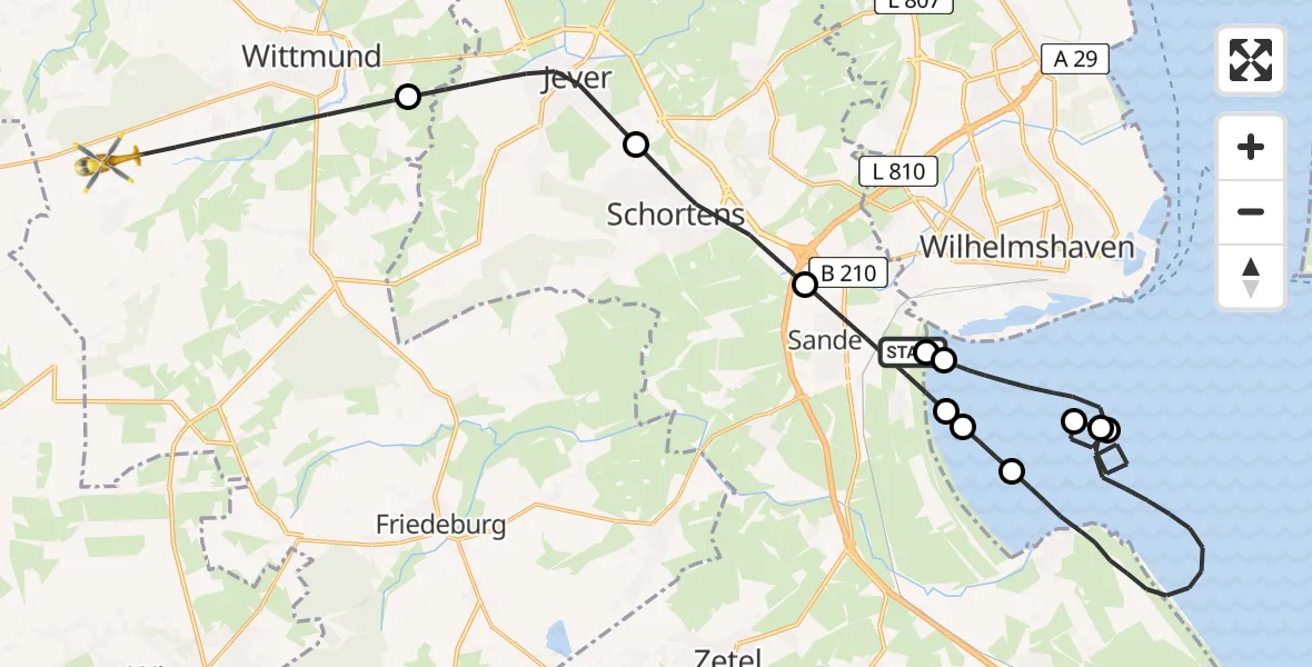 Flugroute Ambulanzhubschrauber JadeWeser Flughafen - Wittmund, 07 Mai 2026, 13:14