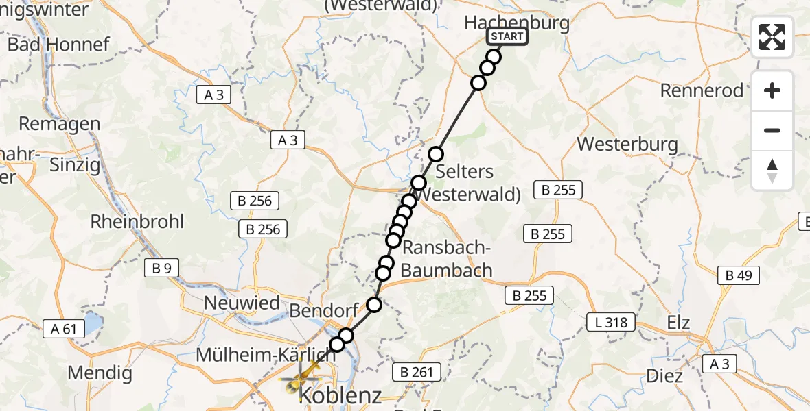 Flugroute Rettungshubschrauber Hachenburg - Koblenz, 07 Mai 2026, 13:14