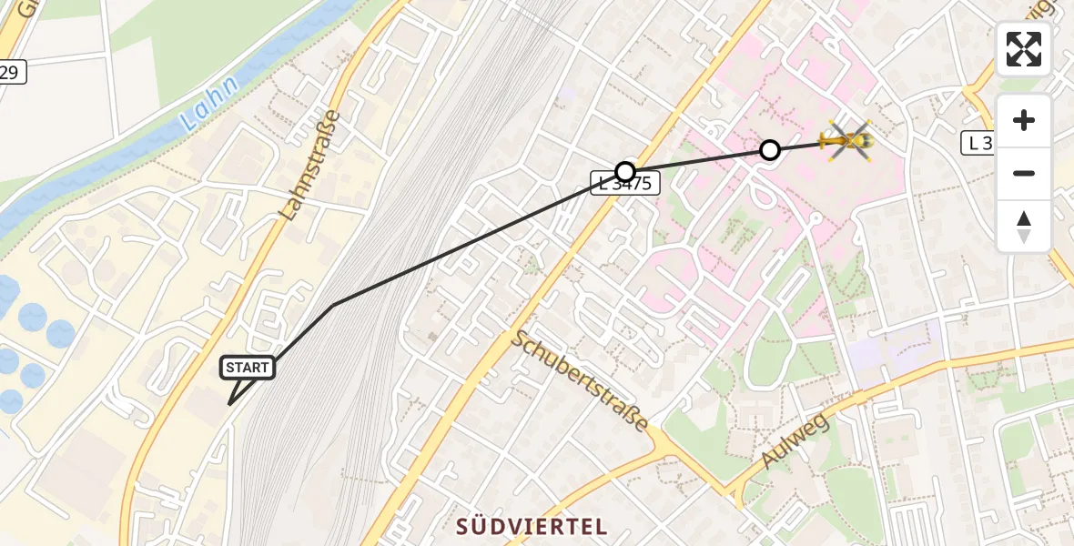 Flugroute Rettungshubschrauber Gießen - Gießen University Hospital, 07 Mai 2026, 13:17