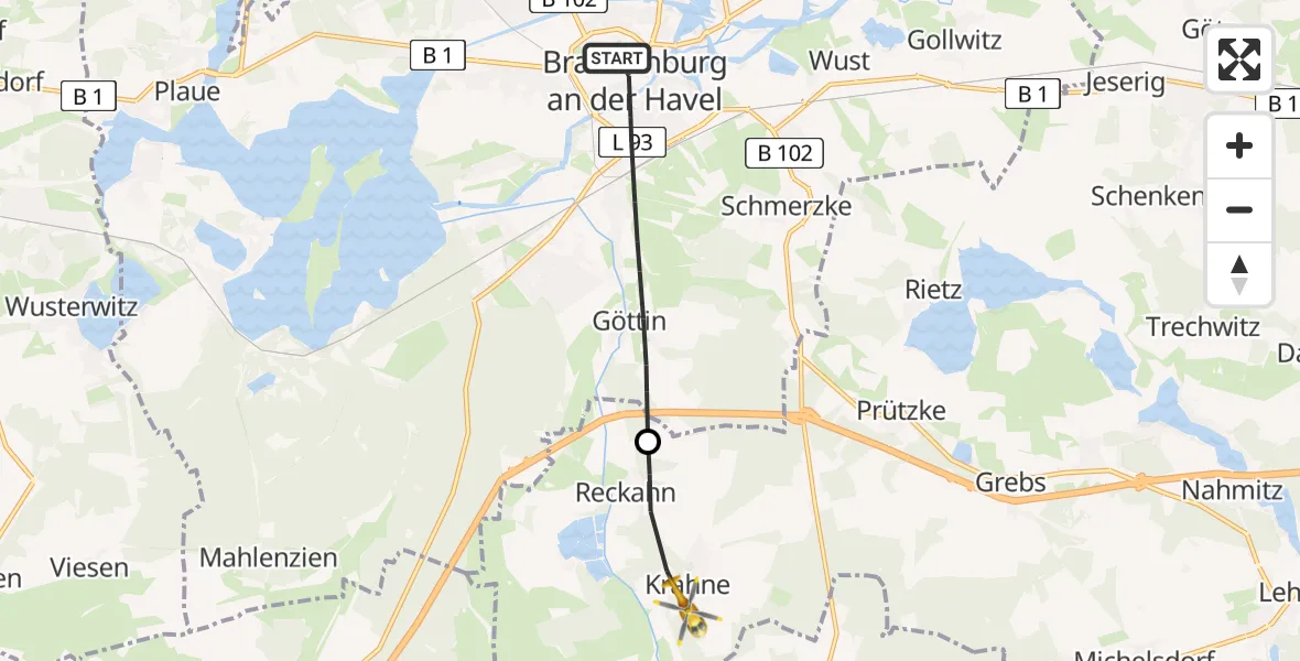 Flugroute Rettungshubschrauber Brandenburg an der Havel - Kloster Lehnin, 07 Mai 2026, 13:25