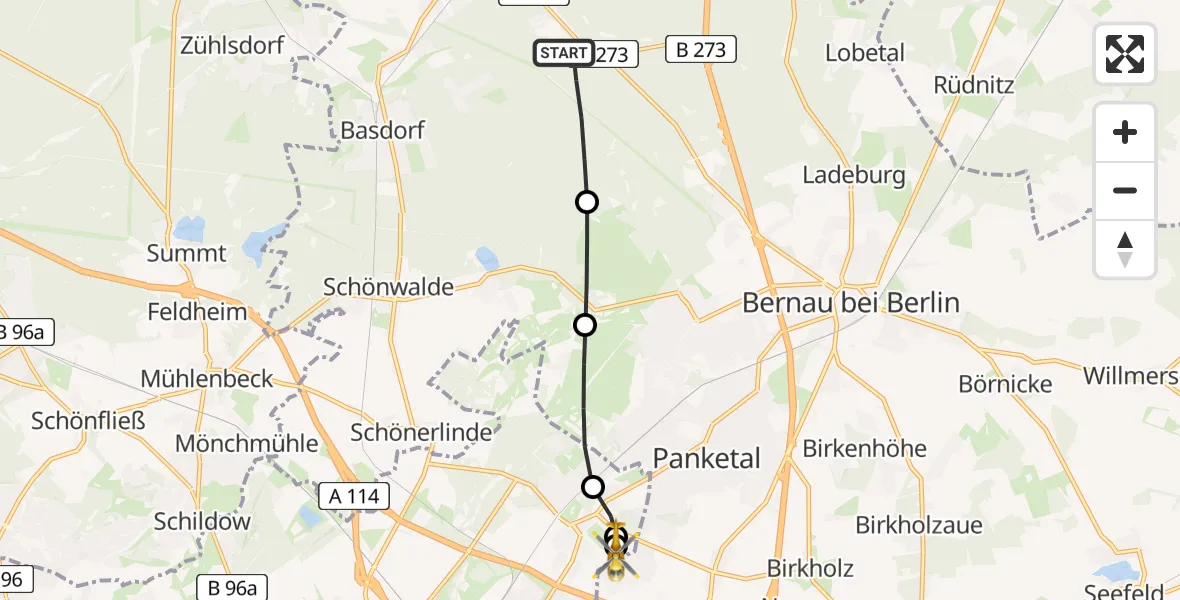 Flugroute Rettungshubschrauber Bernau bei Berlin - Helios Clinic Berlin-Buch, 07 Mai 2026, 13:26