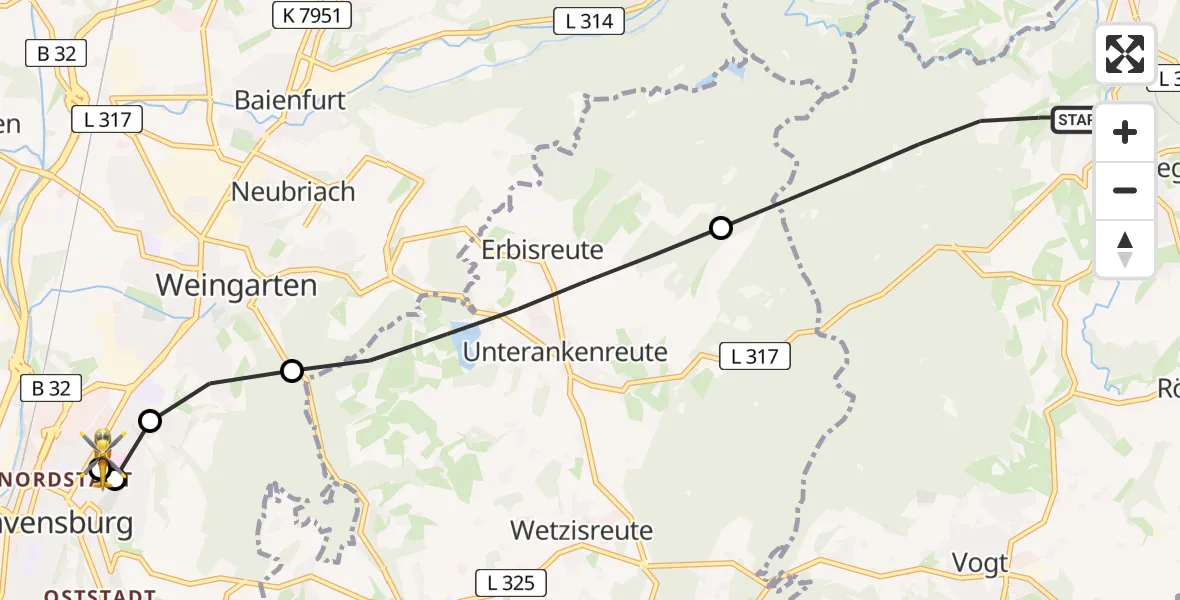Flugroute Rettungshubschrauber Wolfegg - Sankt Elisabeth Hospital, 07 Mai 2026, 13:27