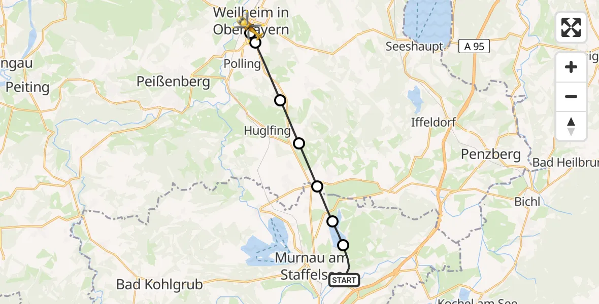 Flugroute Rettungshubschrauber Riegsee - Weilheim i.OB, 07 Mai 2026, 13:29