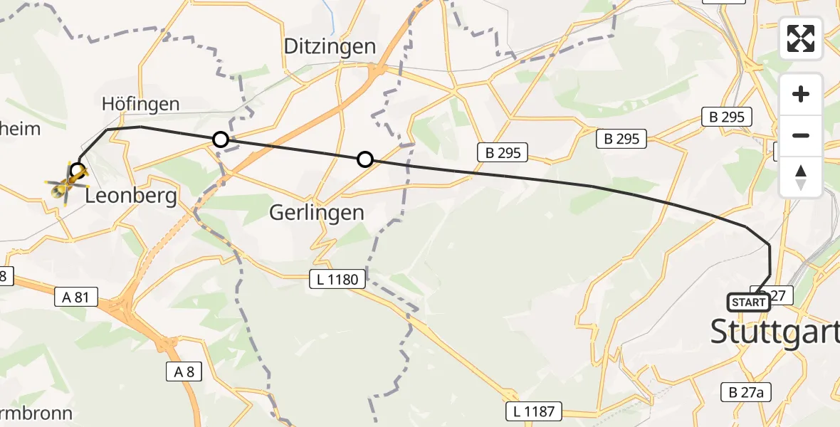 Flugroute Rettungshubschrauber Stuttgart - Leonberg Hospital, 07 Mai 2026, 13:30