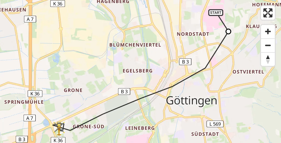 Flugroute Rettungshubschrauber Göttingen University Clinic Hubschrauberlandeplatz - Göttingen, 07 Mai 2026, 13:32