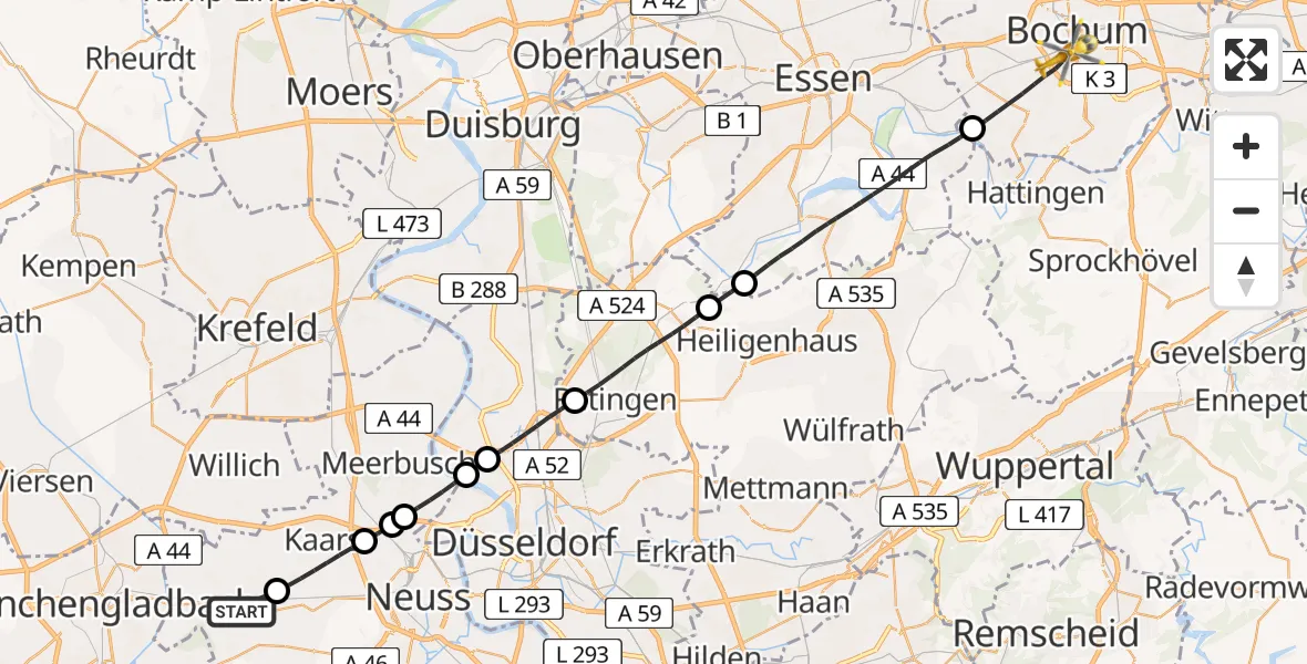 Flugroute Rettungshubschrauber Korschenbroich - Bochum, 07 Mai 2026, 13:33