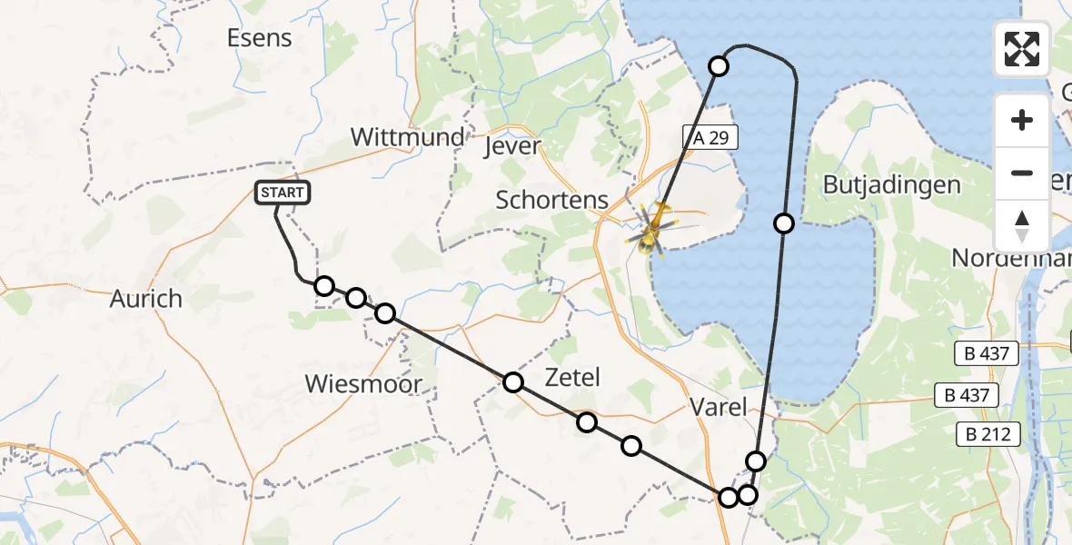 Flugroute Ambulanzhubschrauber Aurich - Wilhelmshaven, 07 Mai 2026, 13:35