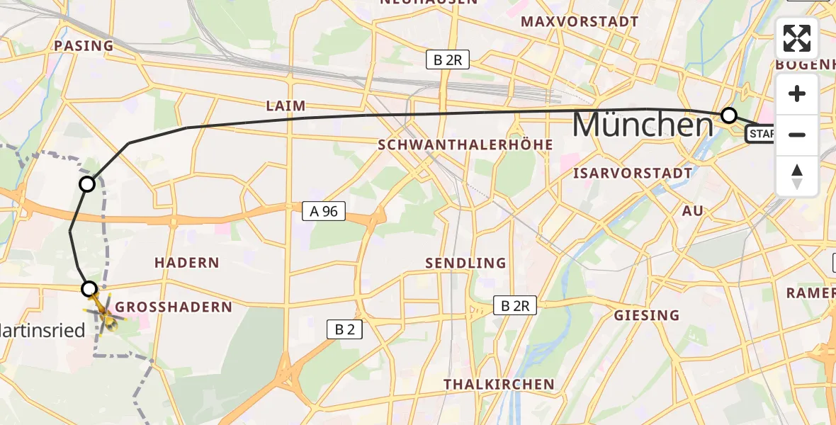 Flugroute Rettungshubschrauber Rechts der Isar University Hospital - DRF Air Rescue München Hubschrauberlandeplatz, 07 Mai 2026, 13:35