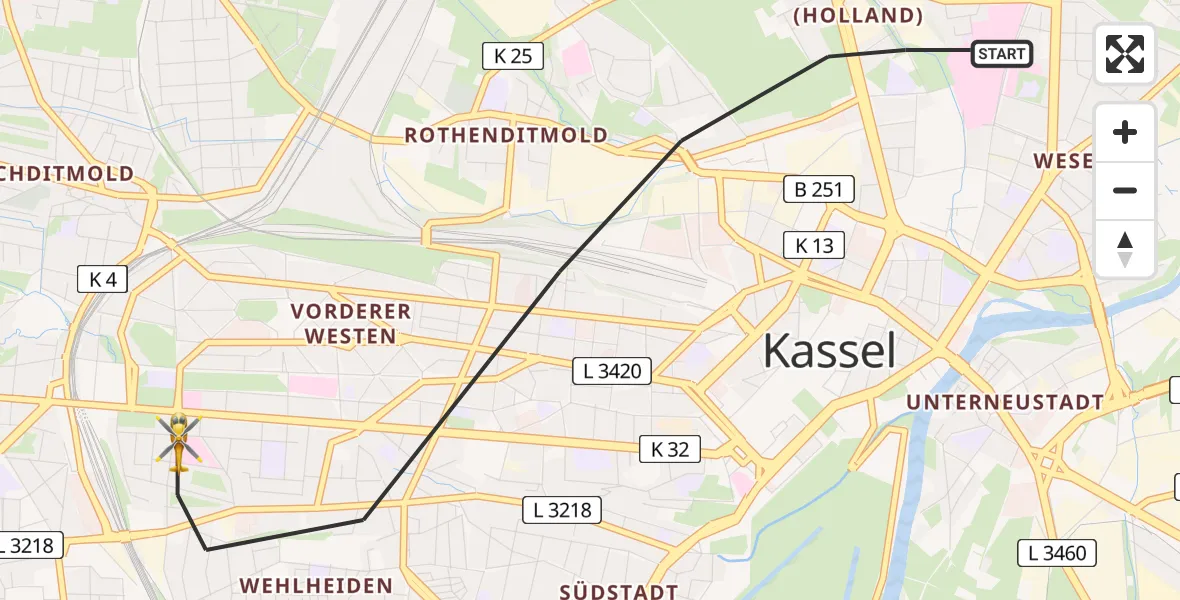 Flugroute Rettungshubschrauber Kassel - Kassel, 07 Mai 2026, 13:36