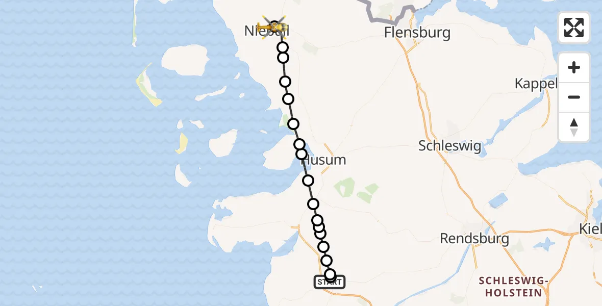 Flugroute Rettungshubschrauber Heide - Niebüll, 07 Mai 2026, 13:48