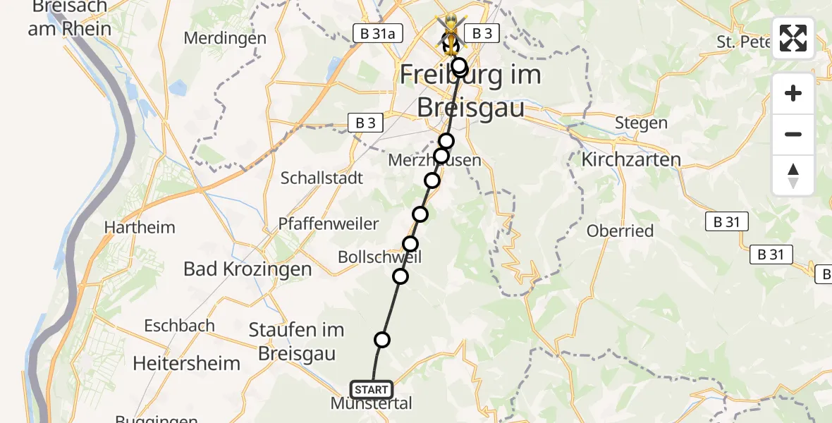 Flugroute Rettungshubschrauber Münstertal/Schwarzwald - Freiburg im Breisgau Flugplatz, 07 Mai 2026, 13:48