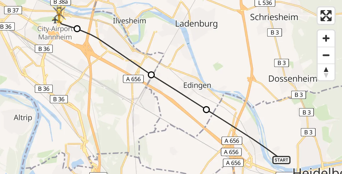 Flugroute Rettungshubschrauber Heidelberg - Mannheim-City Flughafen, 07 Mai 2026, 13:49