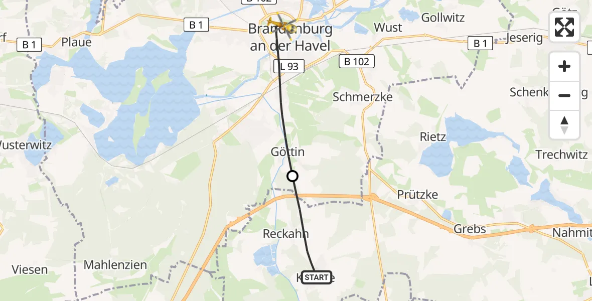 Flugroute Rettungshubschrauber Kloster Lehnin - Brandenburg an der Havel, 07 Mai 2026, 13:50