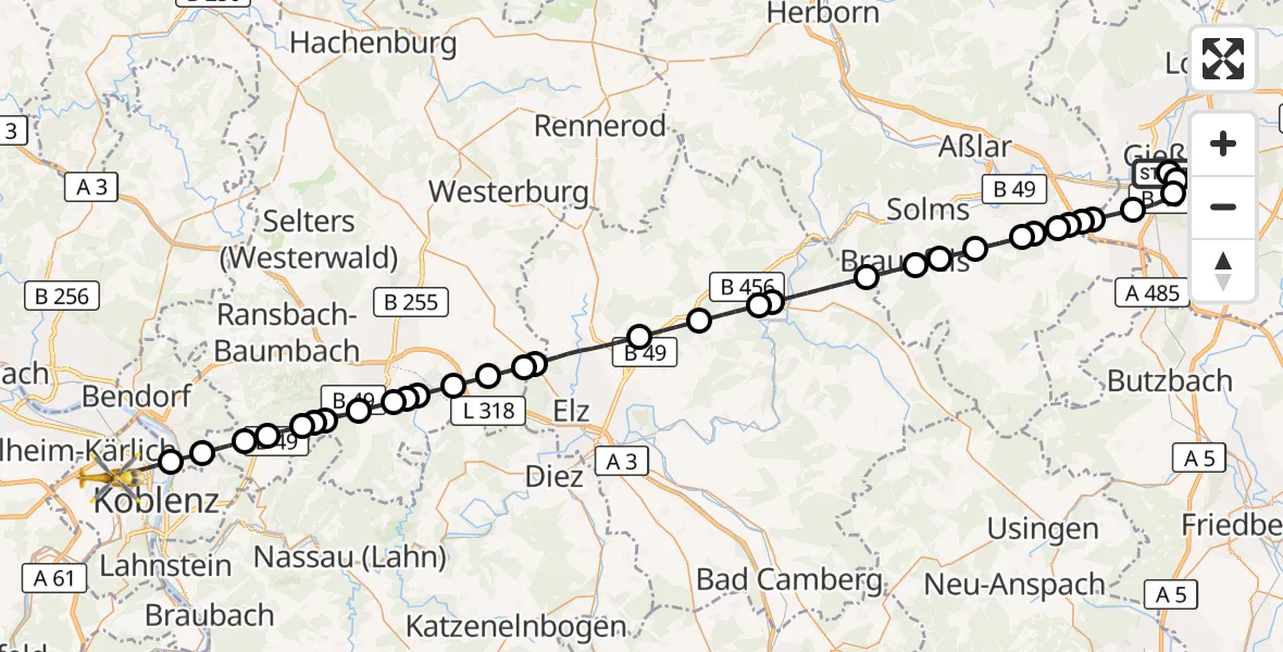 Flugroute Rettungshubschrauber Gießen University Hospital - Koblenz, 07 Mai 2026, 13:52
