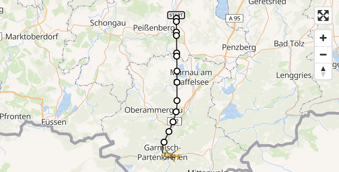 Flugroute Rettungshubschrauber Weilheim i.OB - Garmisch-Partenkirchen Clinic Hubschrauberlandeplatz, 07 Mai 2026, 13:53