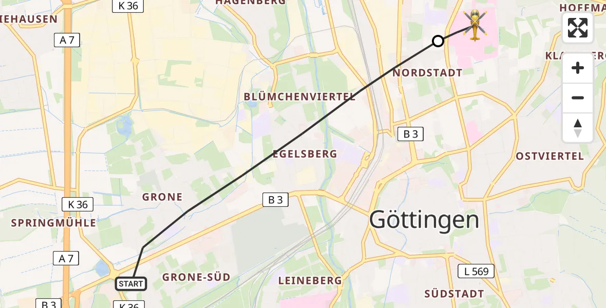 Flugroute Rettungshubschrauber Göttingen - Göttingen University Clinic Hubschrauberlandeplatz, 07 Mai 2026, 13:54