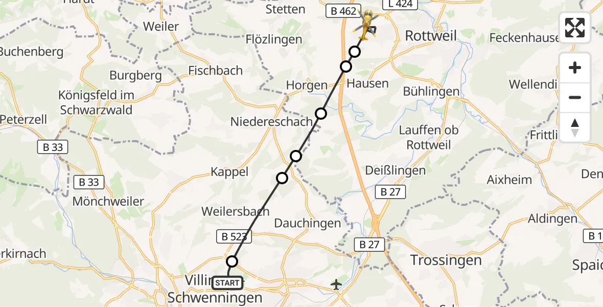 Flugroute Ambulanzhubschrauber DRF Air Rescue Station Villingen-Schwenningen Hubschrauberlandeplatz (Christoph 11) - Zimmern ob Rottweil, 07 Mai 2026, 14:13