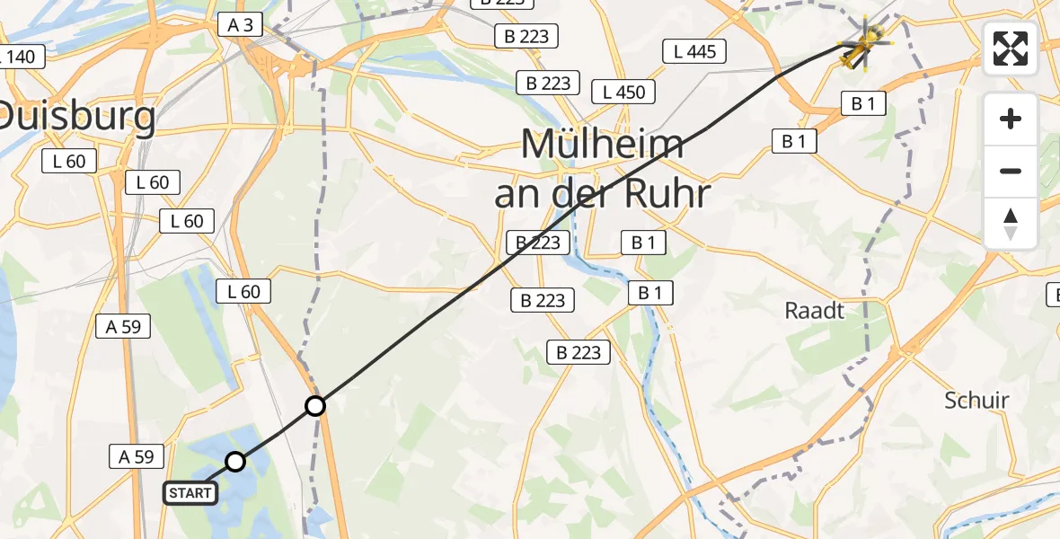 Flugroute Rettungshubschrauber Duisburg Air Rescue Hubschrauberlandeplatz (Christoph 9) - Mülheim an der Ruhr, 07 Mai 2026, 14:15