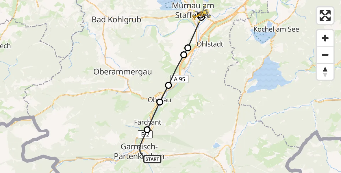 Flugroute Rettungshubschrauber Garmisch-Partenkirchen - Murnau Accident Hospital, 07 Mai 2026, 14:17