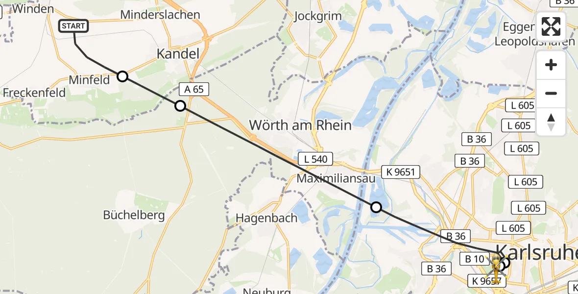 Flugroute Rettungshubschrauber Minfeld - Sankt Vincentius Hospital, 07 Mai 2026, 14:20