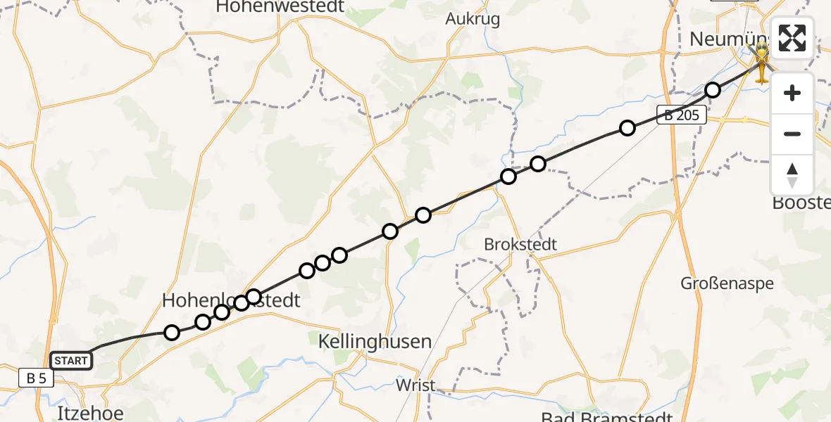 Flugroute Rettungshubschrauber Itzehoe - Neumünster, 07 Mai 2026, 14:23