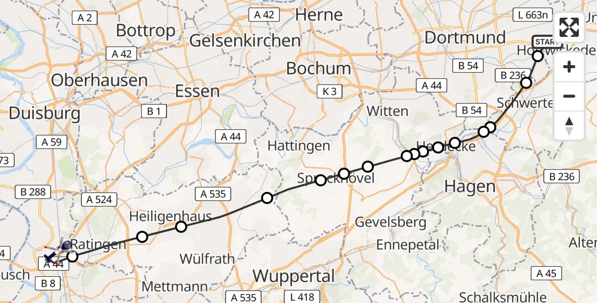 Flugroute Polizeihubschrauber Dortmund Flughafen - Düsseldorf Flughafen, 07 Mai 2026, 14:29