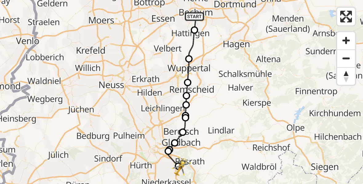 Flugroute Rettungshubschrauber Bochum - Köln Bonn Flughafen, 07 Mai 2026, 14:32
