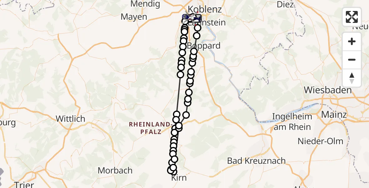 Flugroute Polizeihubschrauber Koblenz-Winningen Flugplatz - Koblenz-Winningen Flugplatz, 07 Mai 2026, 14:37