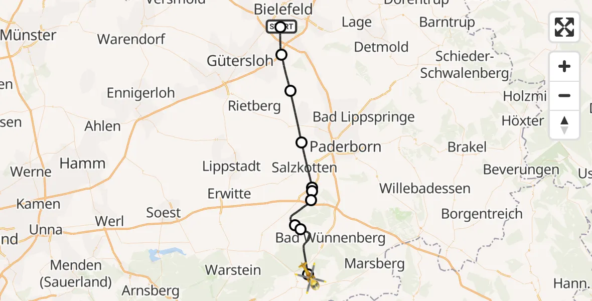Flugroute Rettungshubschrauber Luftrettungszentrum Bielefeld - Brilon, 07 Mai 2026, 14:40