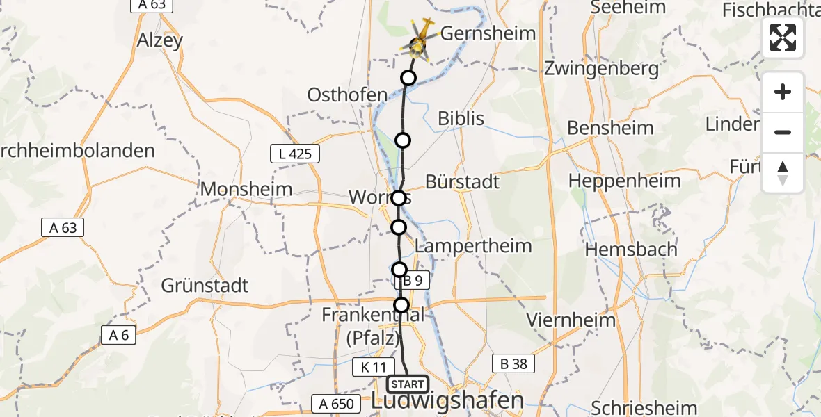 Flugroute Rettungshubschrauber Ludwigshafen am Rhein - Eich, 07 Mai 2026, 14:52