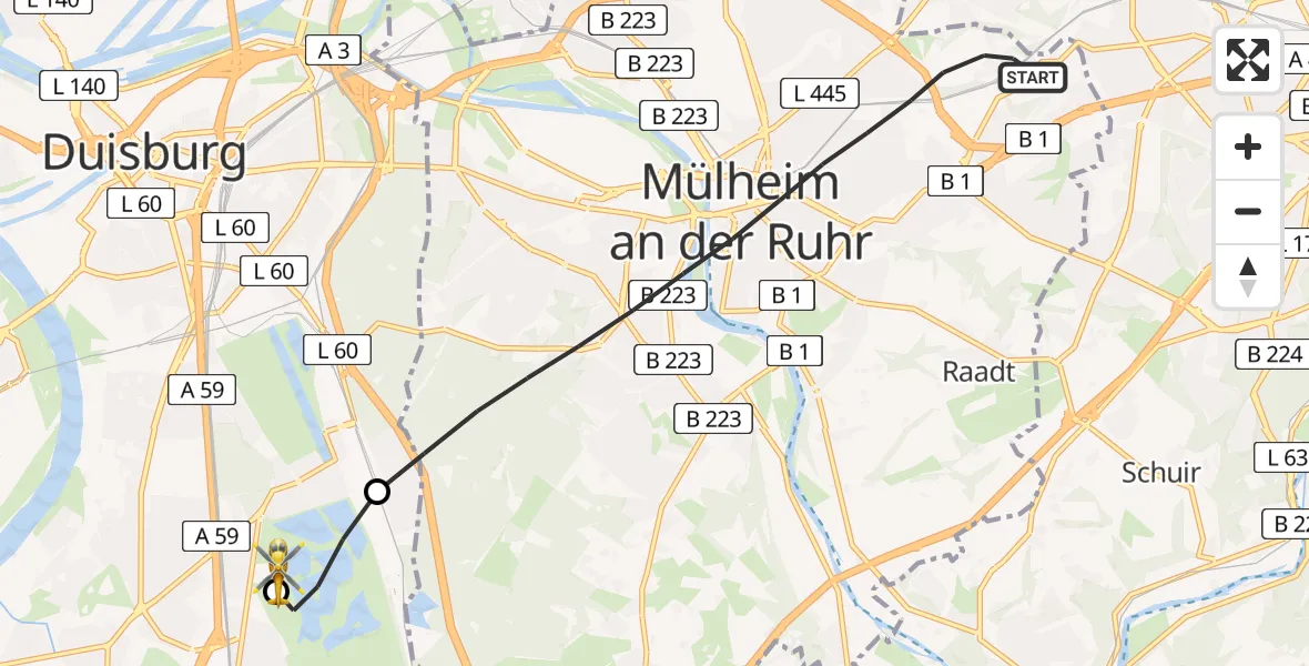 Flugroute Rettungshubschrauber Mülheim an der Ruhr - Duisburg Air Rescue Hubschrauberlandeplatz (Christoph 9), 07 Mai 2026, 14:57