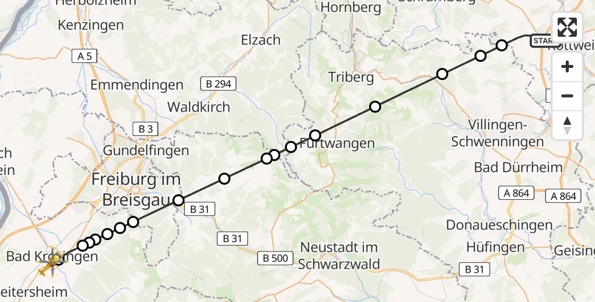 Flugroute Ambulanzhubschrauber Zimmern ob Rottweil - Bad Krozingen, 07 Mai 2026, 14:58