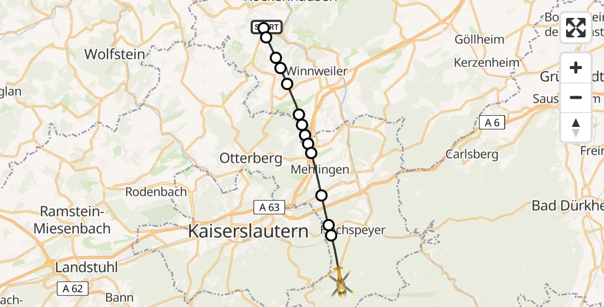 Flugroute Rettungshubschrauber Imsweiler UL - Hochspeyer, 07 Mai 2026, 15:00