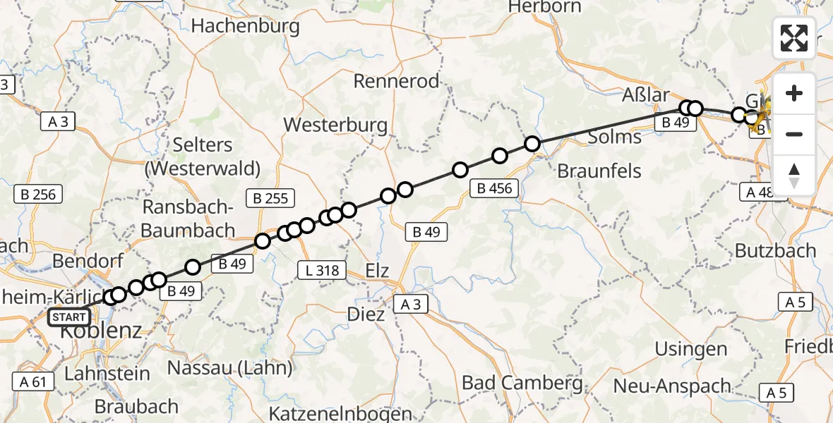 Flugroute Rettungshubschrauber Koblenz - Gießen, 07 Mai 2026, 15:06
