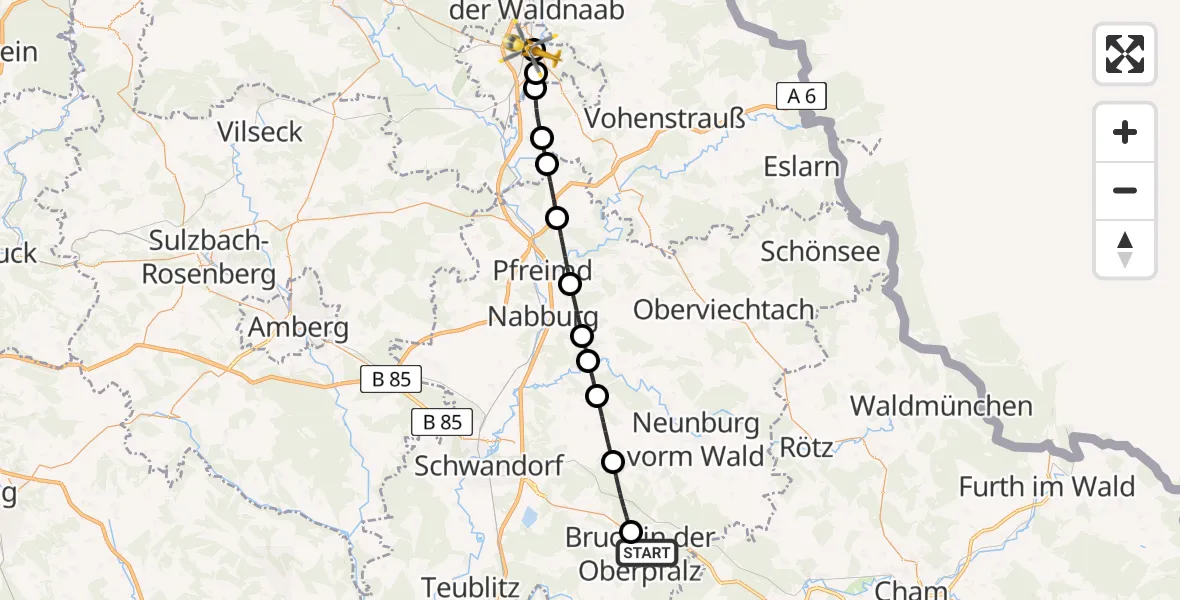 Flugroute Rettungshubschrauber Bruck i.d.OPf. - Weiden Hospital, 07 Mai 2026, 15:08