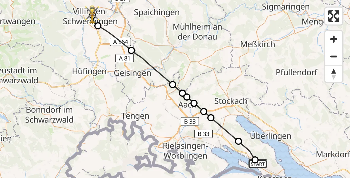 Flugroute Rettungshubschrauber Reichenau - DRF Air Rescue Station Villingen-Schwenningen Hubschrauberlandeplatz (Christoph 11), 07 Mai 2026, 15:26