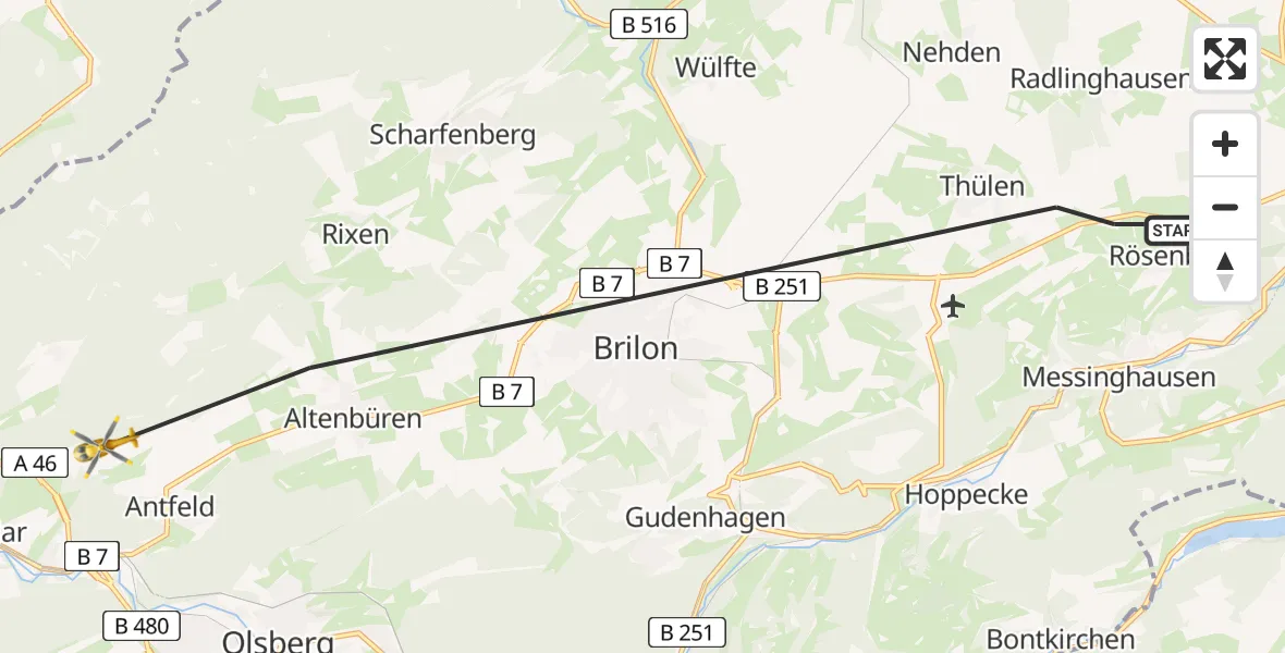 Flugroute Rettungshubschrauber Brilon - Olsberg, 07 Mai 2026, 15:26