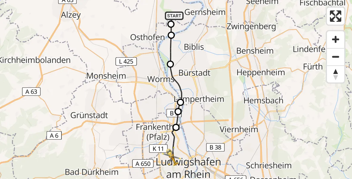 Flugroute Rettungshubschrauber Eich - Ludwigshafen Accident Hospital Hubschrauberlandeplatz, 07 Mai 2026, 15:30