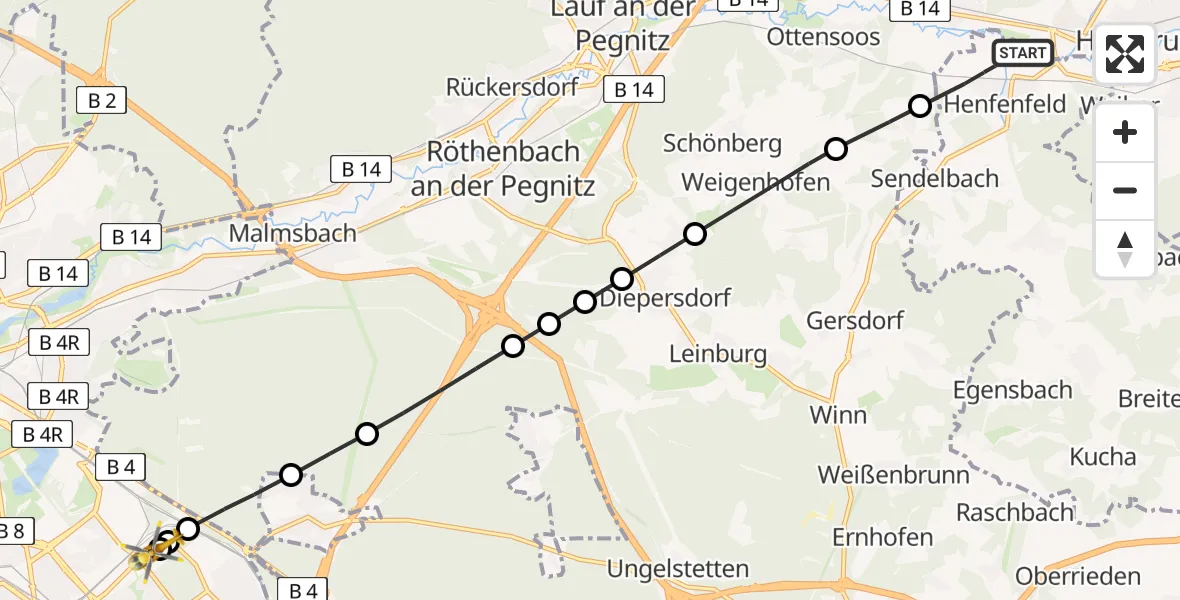 Flugroute Rettungshubschrauber Henfenfeld - Nürnberg South Hospital, 07 Mai 2026, 15:32