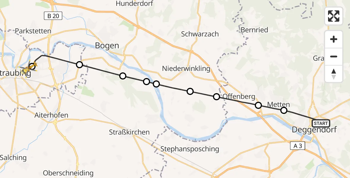 Flugroute Rettungshubschrauber Deggendorf - Sankt Elisabeth Hospital Straubing, 07 Mai 2026, 15:45
