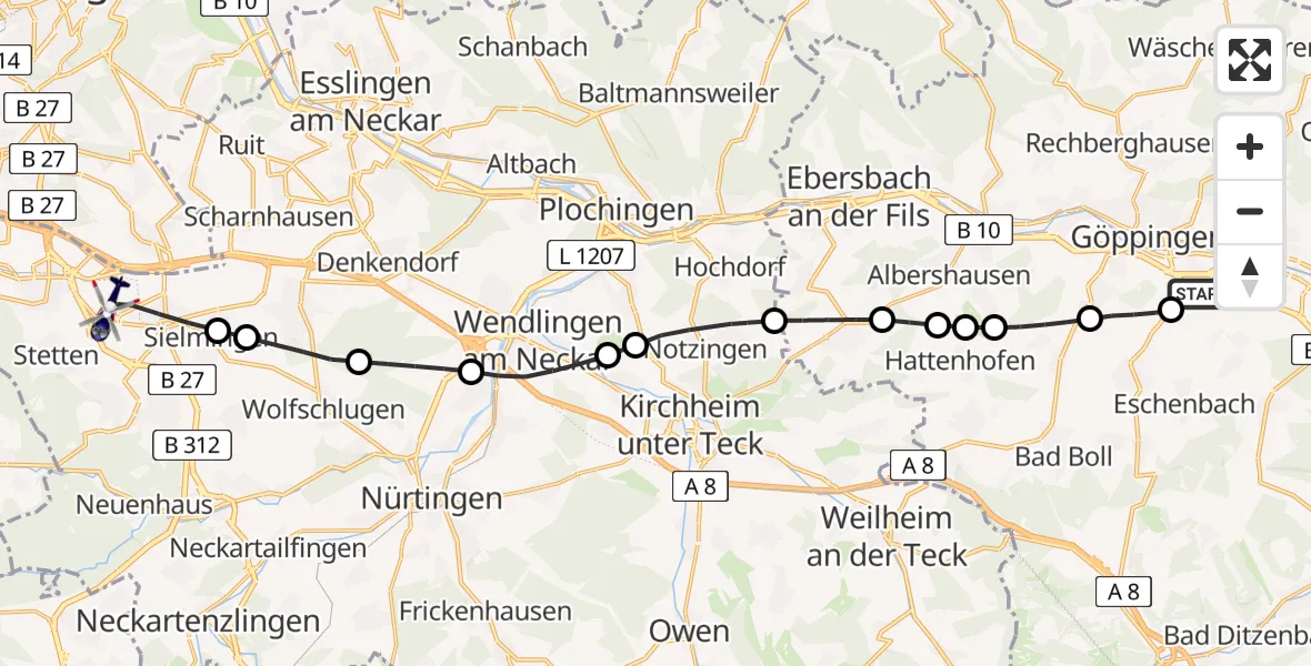 Flugroute Polizeihubschrauber Göppingen - Flughafen Stuttgart, 07 Mai 2026, 16:02