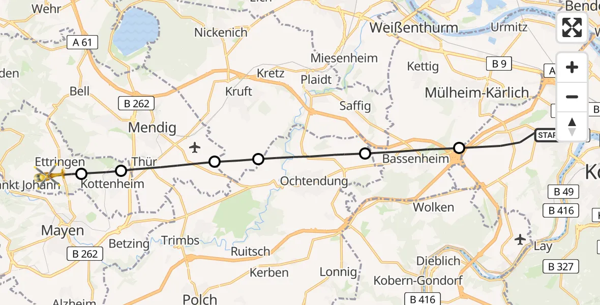Flugroute Rettungshubschrauber Koblenz - Ettringen, 07 Mai 2026, 16:02