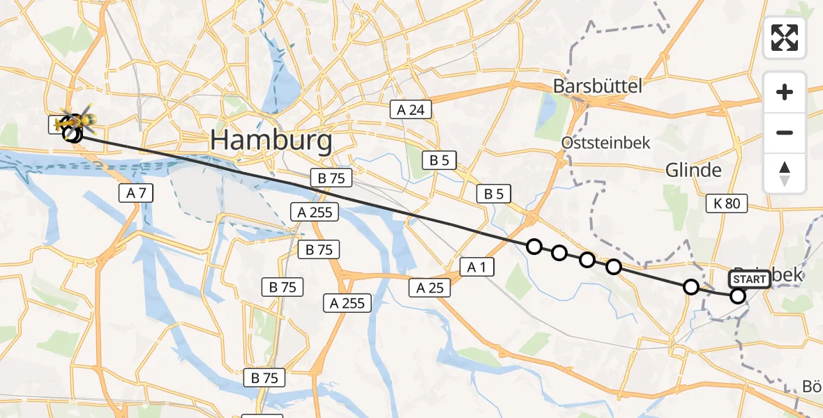 Flugroute Ambulanzhubschrauber Reinbek St. Adolf-Stift Hospital - Asklepios Hospital Altona, 07 Mai 2026, 16:02