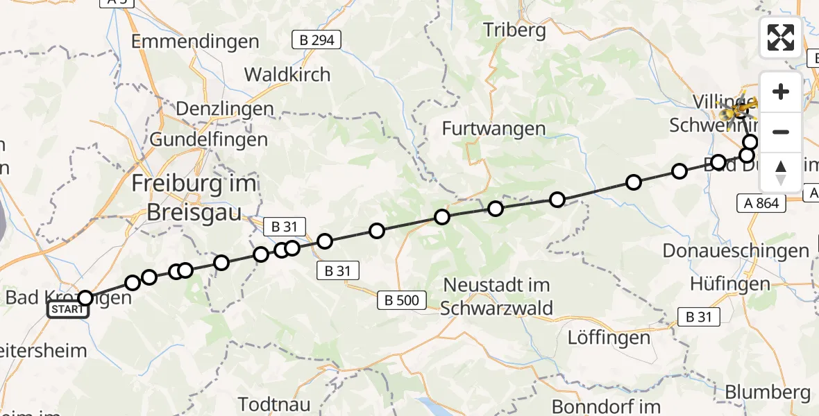 Flugroute Ambulanzhubschrauber Bad Krozingen - DRF Air Rescue Station Villingen-Schwenningen Hubschrauberlandeplatz (Christoph 11), 07 Mai 2026, 16:03